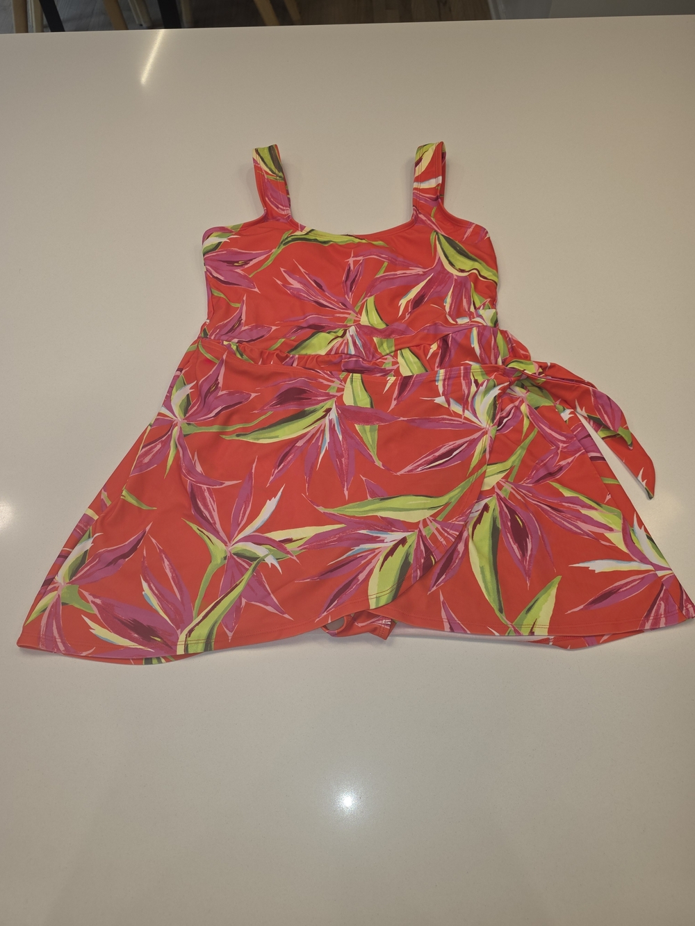 Old Navy Coral Tropical One-Piece Swimsuit with Lime & Pink Leaf Print
